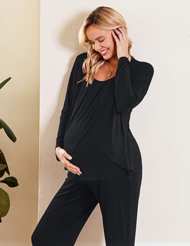 Ekouaer Maternity Nursing Pajama Set Long Sleeve Breastfeeding Sleepwear - color: A Black, size: Medium