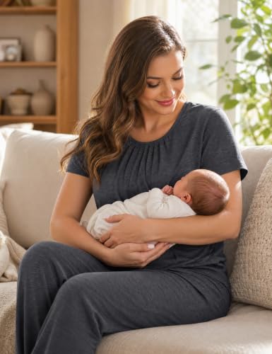 SWOMOG Women 3Pcs Maternity Pajama Set Nursing Pjs Pregnancy Set Breastfeeding Pjs Double Layer with Pockets - color: Deep Grey, size: X-Large