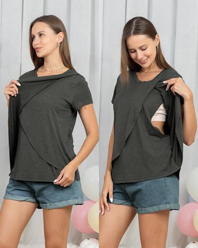 Rnxrbb 3 Pack Nursing Tops for Women Maternity Breastfeeding Shirts - color: Flecking Grey&black&pink, size: Large