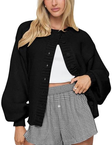 LOMON Womens Chunky Knit Cardigan Oversized Button Front Trend Sweater Tops - color: Black, size: Small