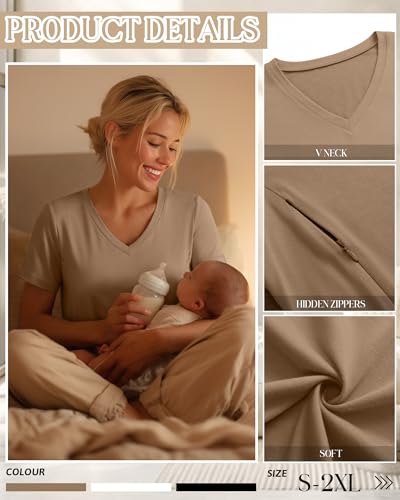 3 Pack Women's Nursing Tops Breastfeeding Shirts - color: Black, White,khaki, size: Small