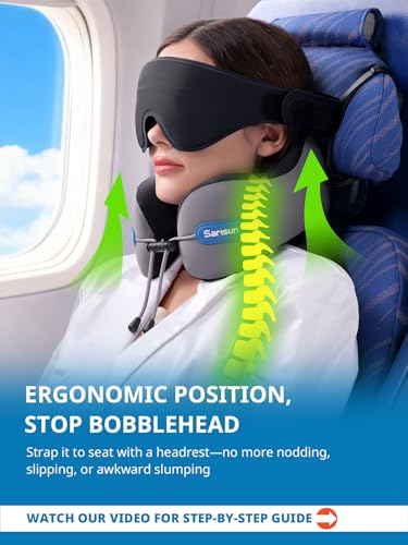SARISUN Travel Pillow for Airplane,Seat Strap for Neck Support,3D Eye Mask - color: Grey&pink
