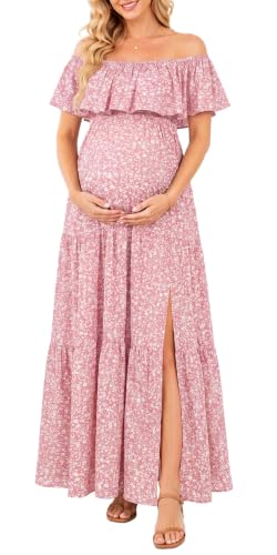 Talisea Maternity Off Shoulder Ruffle Maxi Dress Pregnancy Baby Shower - color: Pink Floral, size: Large