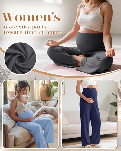 3 Pack Women's Maternity Lounge Pants with Pockets - color: Dark Blue,dark Heather Gray,light Blue, size: Large