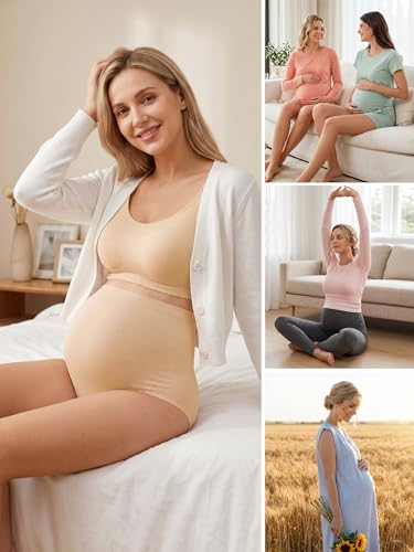 OUGES Women’s Modal 3 Pack Seamless Maternity Underwear Over Belly Stretchy High Waist Soft Pregnancy Postpartum Panties - color: Nude+nude+pink, size: Medium