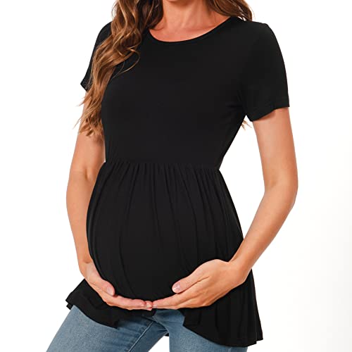 Bearsland Short Sleeve Maternity Top - color: Black&green&vivid Blue, size: Small