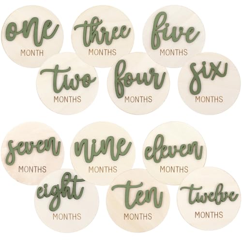 6 PCS Baby Monthly Milestone Cards, Double Sided Wooden 3D Milestone Cards Signs for Photos Announcement Sign 1-12 Months Photography Photo Newborn Keepsake Gift(Green) - color: Green