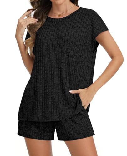 Womens Pajamas 2 Piece Lounge Sets Summer Sleepwear Short Pjs - color: Black, size: Medium