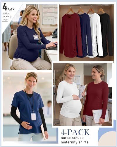 Locoowai 4 Pack Long Sleeve Maternity Underscrub Tops for Nurses - color: Black, White, Navy Blue, Wine Red, size: Medium