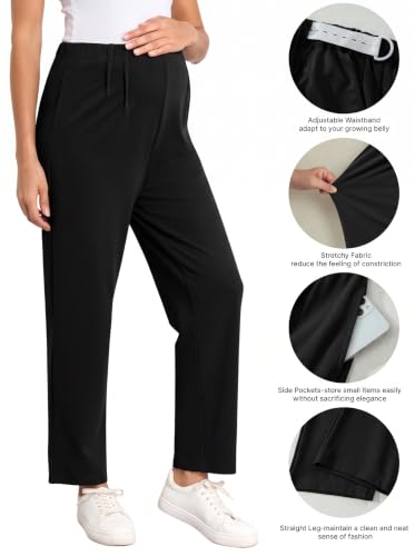 BLENCOT Maternity Work Pants Over Belly Adjustable Pregnancy Comfy Office - color: Black, size: Medium