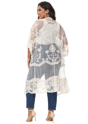 Anna-Kaci Women's Plus Size Lace Cardigan Embroidered Long Kimono Dusters with Half Sleeves - color: Beige, size: X-Large-XX-Large