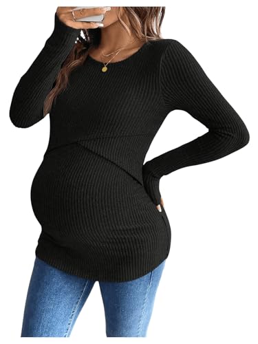MakeMeChic Women's Maternity Shirts Nursing Top Fall Maternity Clothes - color: Black, size: Medium