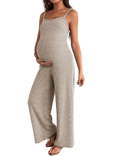 BLENCOT Maternity Ribbed Jumpsuit Stretchy One Piece Wide Leg Romper - color: Apricot, size: Large