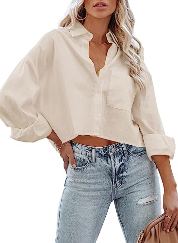 LAYOGAS Womens Crop Button Down Shirts Casual Long Sleeve Lapel Blouse - color: 02a-light Beige, size: Medium