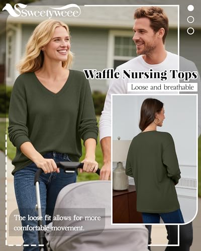 Women’s Waffle Knit Nursing Shirts Regular Fit - color: Army Green, size: Medium