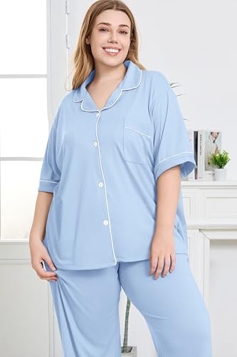 Women Plus Size Button Down Pajamas Long Pants Lounge Sets PJS - color: Sky Blue, size: XX-Large