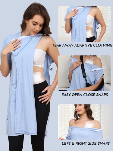 Women's Post Shoulder Surgery Tear Away Dress Short Sleeve Full Open Side Snap Adaptive Clothing with Pockets - color: Blue, size: Large