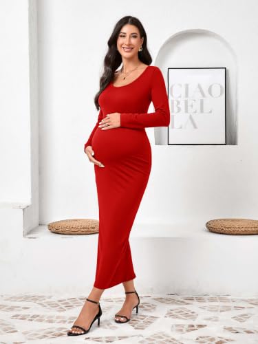 Yousify Womens Maternity Maxi Dress Long Sleeve Slim Fit Pregnancy Clothes - color: Red, size: X-Large