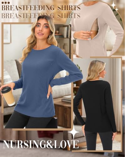 Neer 3 Pack Women's Nursing Hidden Zipper Long Sleeve Shirts - color: Cream, Haze Blue, Black, size: X-Large