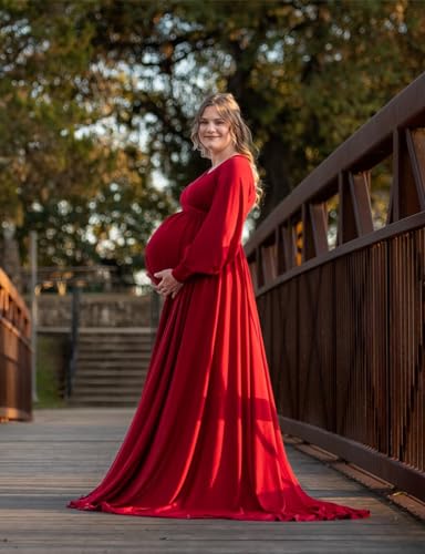 Long Sleeve Maternity Dress for Photoshoot Plus Size - color: 83 Red, size: Large