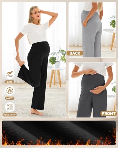 Oakgarden 3 Pack Women's Fleece Maternity Pants - color: Light Mixed Gray, Dark Mixed Gray, Black, size: Medium