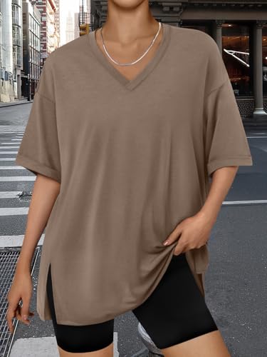 Trendy Queen Plus Size Oversized V Neck Tshirt Tops Workout Wear - color: Brown, size: Small