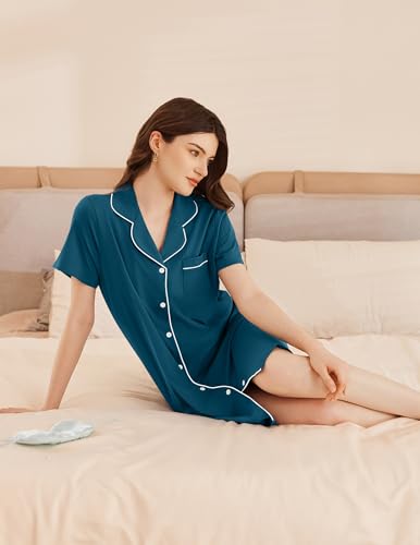 Ekouaer Womens Cotton Nightgowns Button Down Sleep Shirts Soft Night Shirts - color: Blue Green, size: X-Large