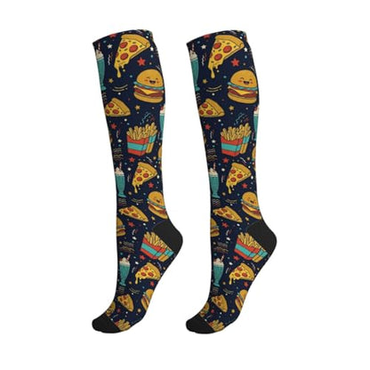 Compression Socks Knee High Support Stockings Women Men - color: Hamburger Pizza Cartoon