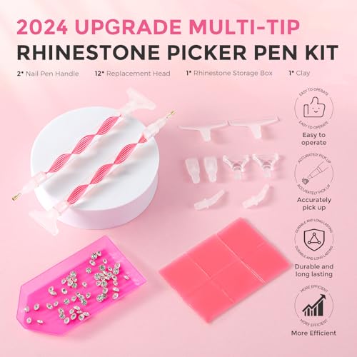 Rhinestone Picker Tool Kit: 2Pcs Rhinestone Picker Handle, Dual-Ended Rhinestones Applicator Bedazzling Tools Pen with 12 Upgraded Plastic Replacement Tips, Clay Nail Art Craft (Red) - color: Red/White