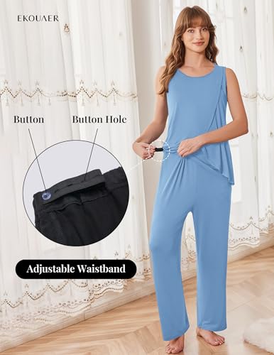 Ekouaer Maternity Pajamas Nursing Robe Set 3 Pieces Post Partum Lounge Sets - color: Light Blue, size: Medium