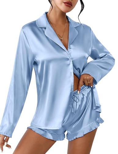 Ekouaer Womens Satin Pajama Sets Cute Button Down Silk Pjs with Ruffle - color: Clear Blue, size: Large