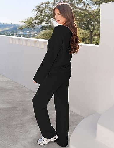MEROKEETY Women's Fall Fleece 2 Piece Outfits Pajama Lounge Sets - color: Black, size: Large