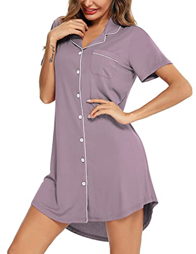 Senert Nightgowns for Women Button Down Sleeve Sleep Shirt Night Gowns - color: Violet, size: Medium