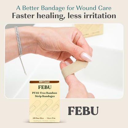 FEBU PFAS Free Bamboo Fabric Bandages, 1in x 3in, 100 Count Pack - style: Strips – Standard One Size (100 Count)