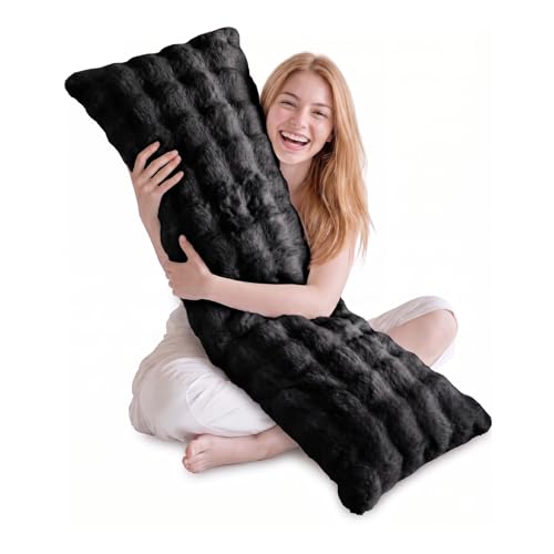 DOWNCOOL Premium Large Body Pillow Insert with Faux Rabbit Fur Cover - Large Full Body Pillows for Adults - Soft Long Bed Pillows for Side Sleepers - 20x54 inch (Black, with Cover) - color: Black Warm, size: With Cover