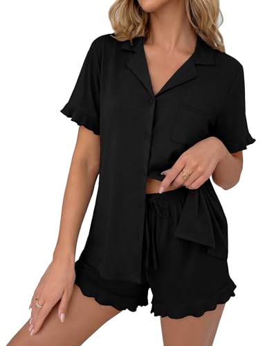 Ekouaer Pajamas Set for Women Button Down Pjs Lounge Sets Ruffle Sleepwear - color: Black, size: Medium