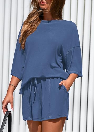 KIRUNDO 2 Piece Sets for Women Summer Lounge Sets Casual - color: Blue, size: Large