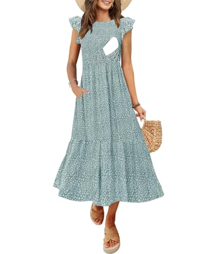 CzzzyL Women's Nursing Dress Flutter Sleeve Crew Neck Smocked Midi Pockets - color: Leopardcyan, size: Large