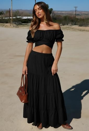 Womens 2 Piece Outfit Boho Summer Vacation Top Maxi Skirt Set - color: Black, size: Medium