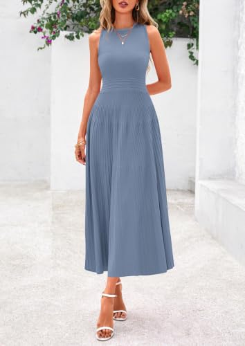 PRETTYGARDEN Women's Summer Pleated Midi Work Dress - color: Blue Grey, size: Medium