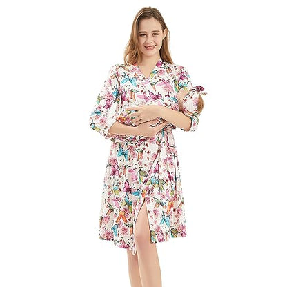 Galabloomer Maternity Robe and Receiving Blanket, Matching Mommy Labor Robe - color: Pink Butterfly, size: Medium
