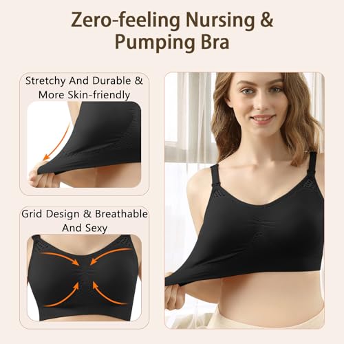 4HOW Pumping Bra Hands Free Nursing Pumping Bra All in One Wireless Padded Maternity Bralette for Large Bust - color: Black+black, size: Large