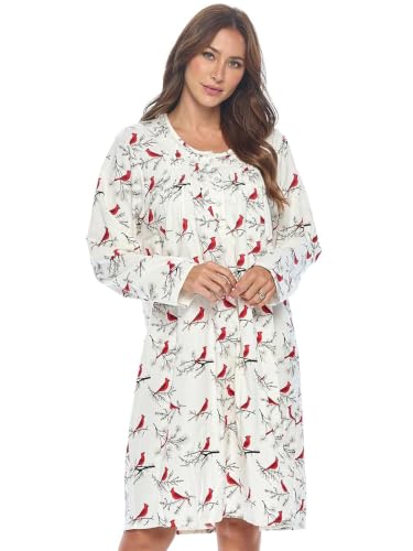 Casual Nights Women's Flannel Floral Long Sleeve Nightgown - color: White Snow Bird, size: Medium