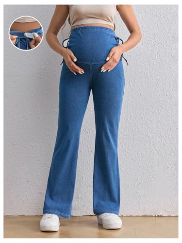 MakeMeChic Women's Maternity Jeans Elastic High Waisted Flared Leg Pregnancy Denim Pants - color: Blue, size: Large