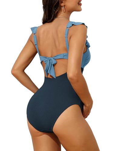 Charmo Ruffle Maternity Bathing Suits Ribbed Tie Knot Pregnancy Swimsuit - color: Blue Splicing, size: Small