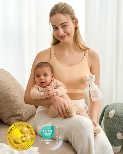 Momcozy Hands Free Pumping & Nursing Bra, Adjustable Cotton Breast Pump Bra - color: Beige, size: Large