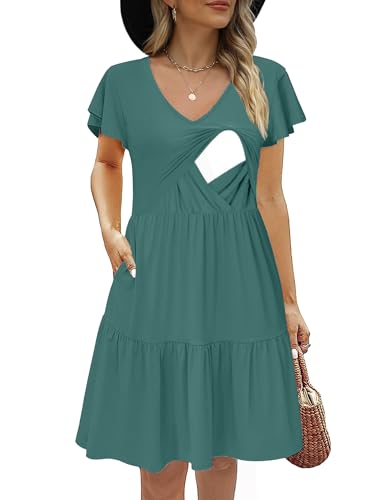 CzzzyL Women's Maternity Nursing Dress Ruffle Cap Sleeve Breastfeeding with Pockets - color: Gray Blue, size: Large