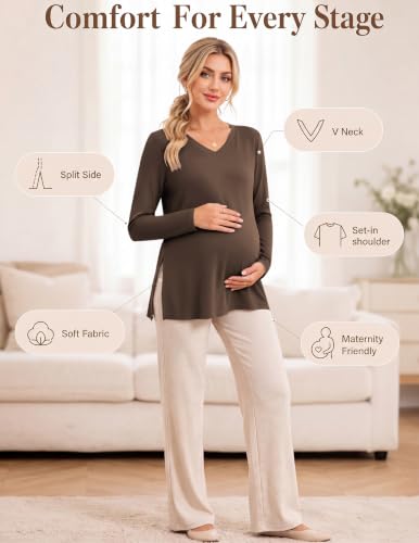 Ekouaer Womens 3 Pack Maternity Shirts Long Sleeve Pregnancy V Neck Clothes - color: Black/Dark Red/Khaki, size: Large