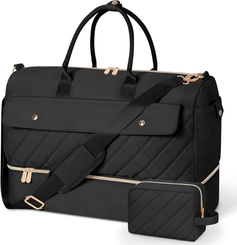 Wedama Weekender Bags for Women, Extra Large Travel Duffel Bag with Shoe Compartment, Carry on Overnight Bag with Toiletry Makeup Bag, Gym Bag Travel Tote Bag for Travel Gym Camping Hospital, Black - color: Black, size: X-Large
