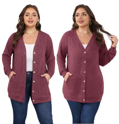 Lastshe Women Plus Size Cardigan Fall Thin Sweaters with Pockets 1X-5X - color: Red, size: 3X